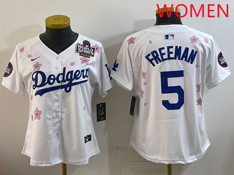 Women Los Angeles Dodgers #5 Freeman White Sakura Edition 2025 Nike MLB Jersey style 3